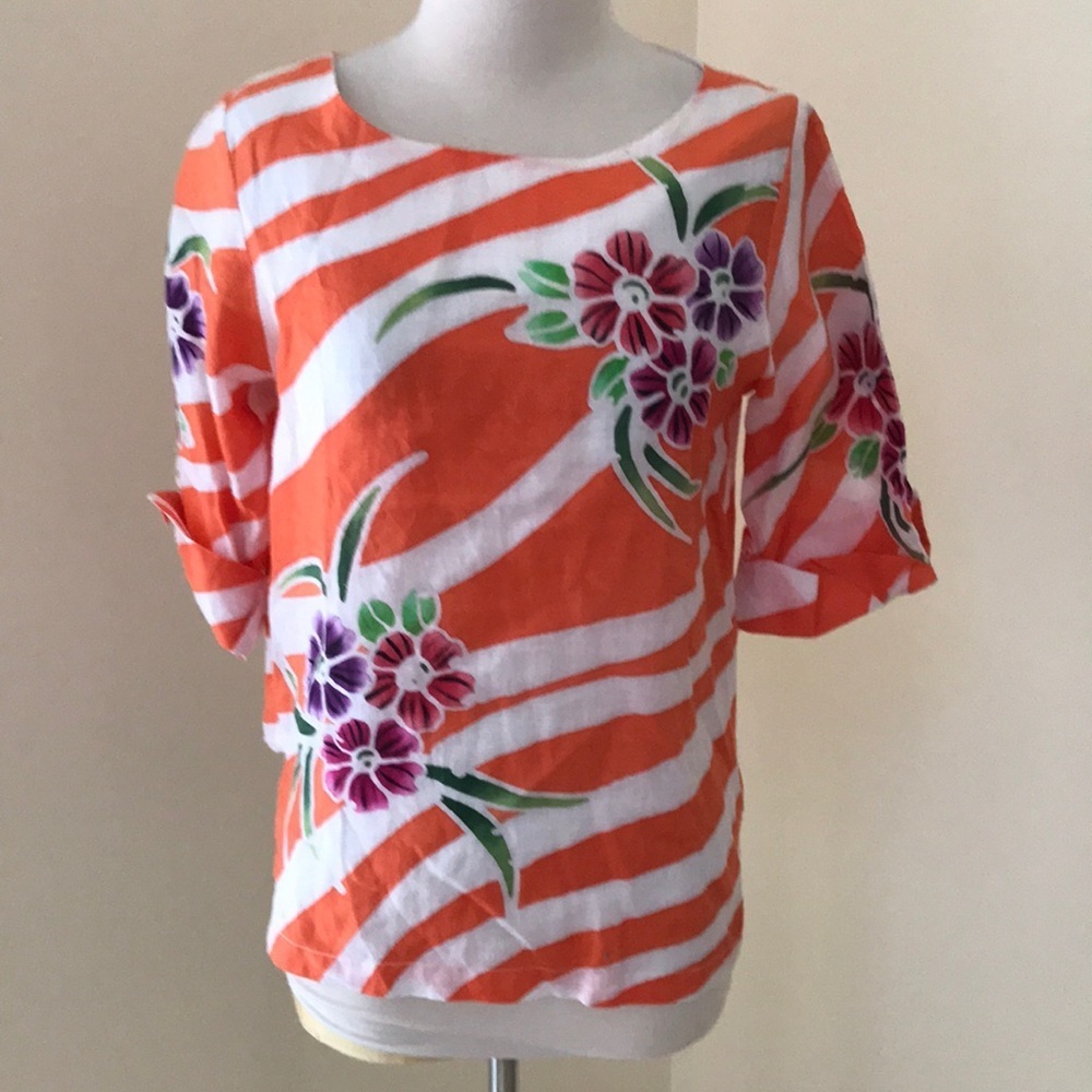 Nan SZ 38 orange floral linen blouse .